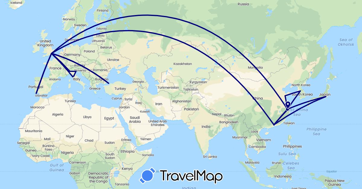 TravelMap itinerary: driving in China, United Kingdom, Italy, Japan, South Korea, Portugal, Turkey (Asia, Europe)